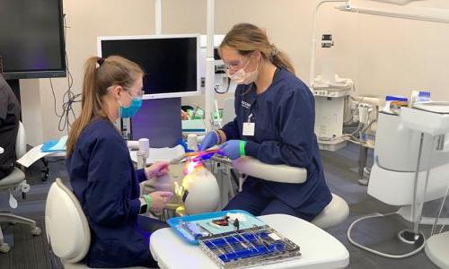 牙科保健师在教学生如何清洁牙齿